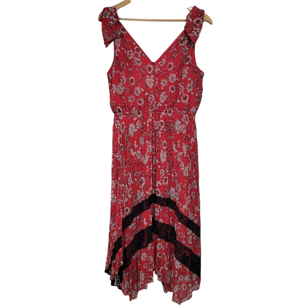 Nanette Lepore Pleated Floral Midi Dress Red Feminine Handkerchief Hem W… - Picture 5 of 16